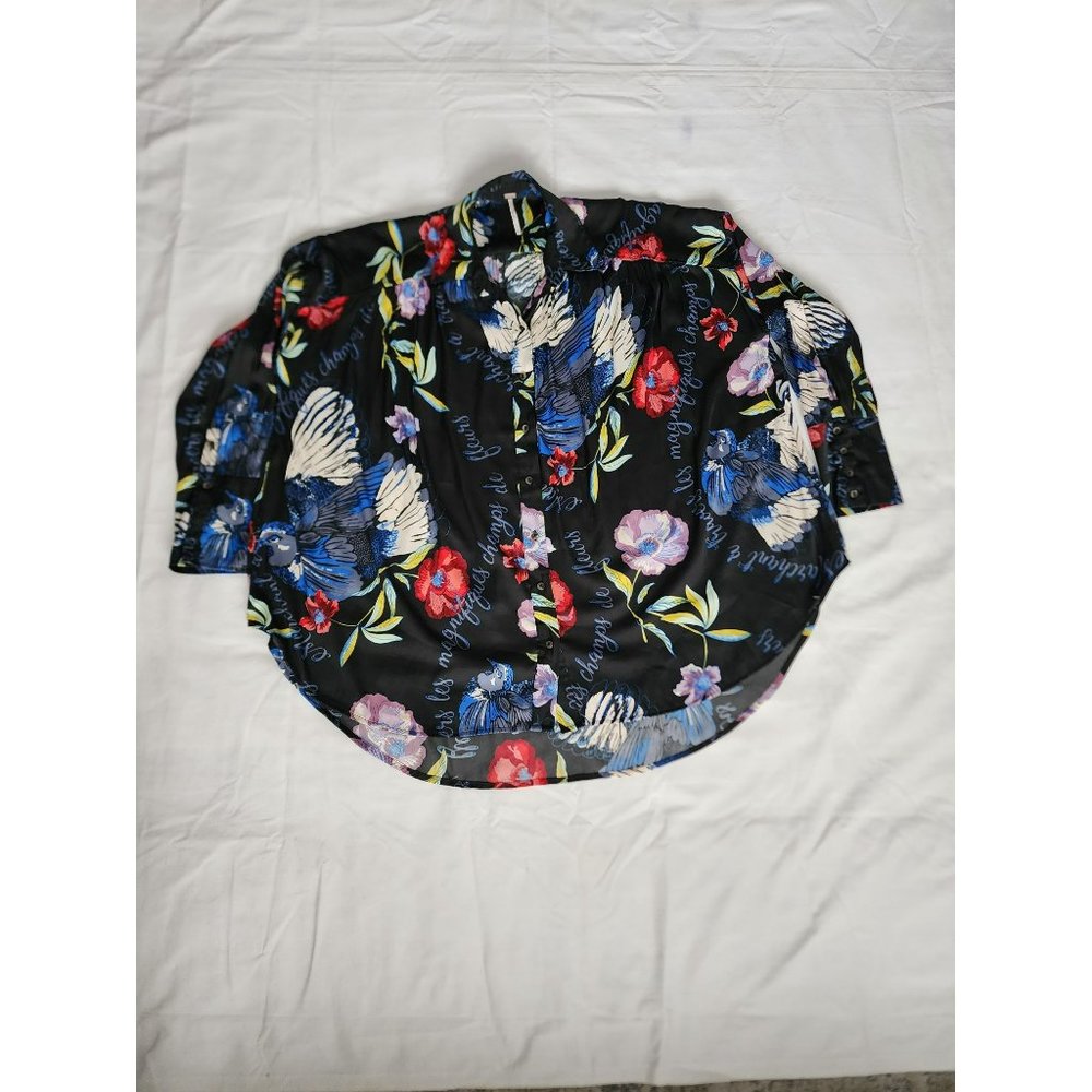 Free People Women's Black/Multi Floral Silky Nights Oversized Blouse Size XS/TP - Picture 4 of 12